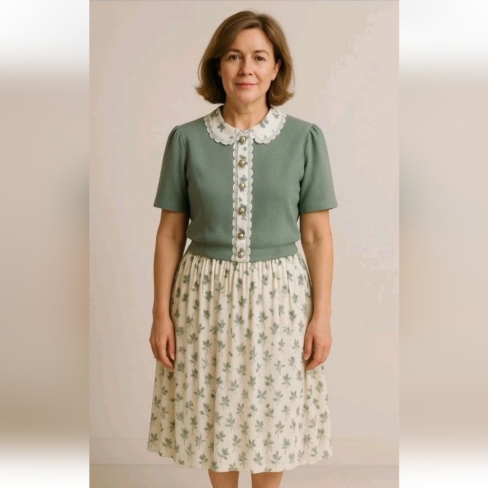 Dress Savvy NY Women’s 6P Green 2-Piece Set Blouse & Pleated Skirt Vintage Excel